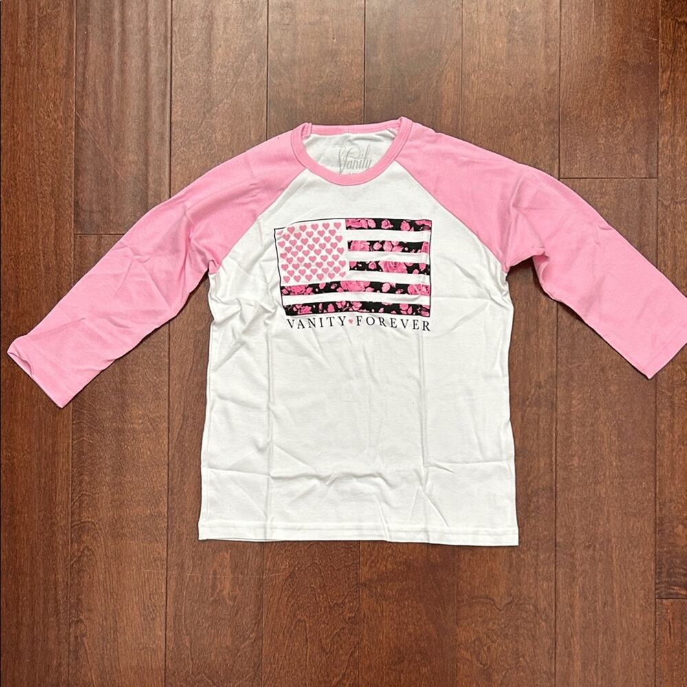 Vanity Forever Pink and White Kids Baseball Tee with Pink Flag, Size Large, NWOT